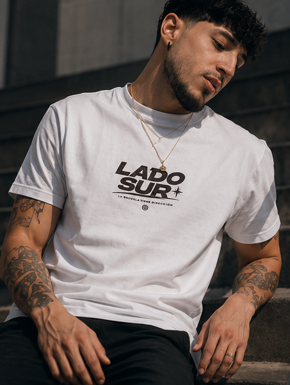 Camiseta blanca con logo delantero negro y estampado en la parte trasera