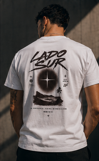 Camiseta blanca con logo delantero negro y estampado en la parte trasera